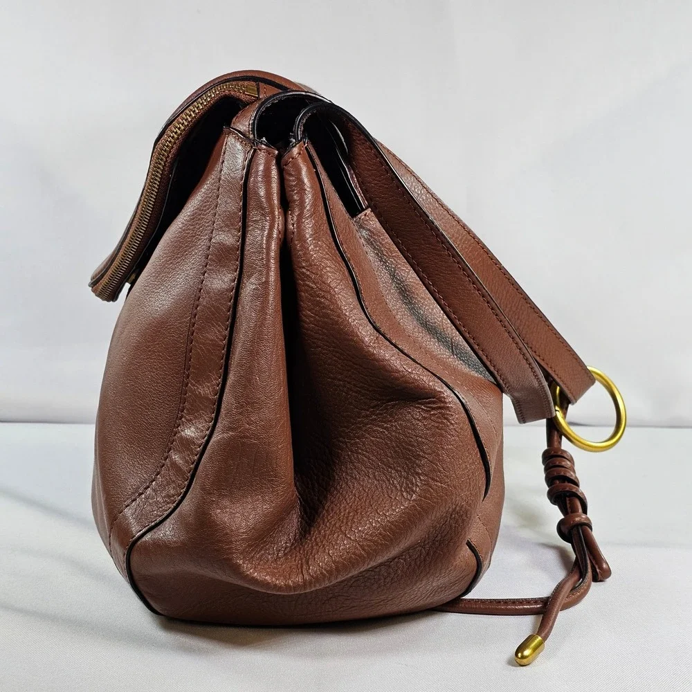 Vince Camuto Lenka Cognac Brown Pebbled‎ Leather V-Flap Shoulder Bag Hobo Purse
